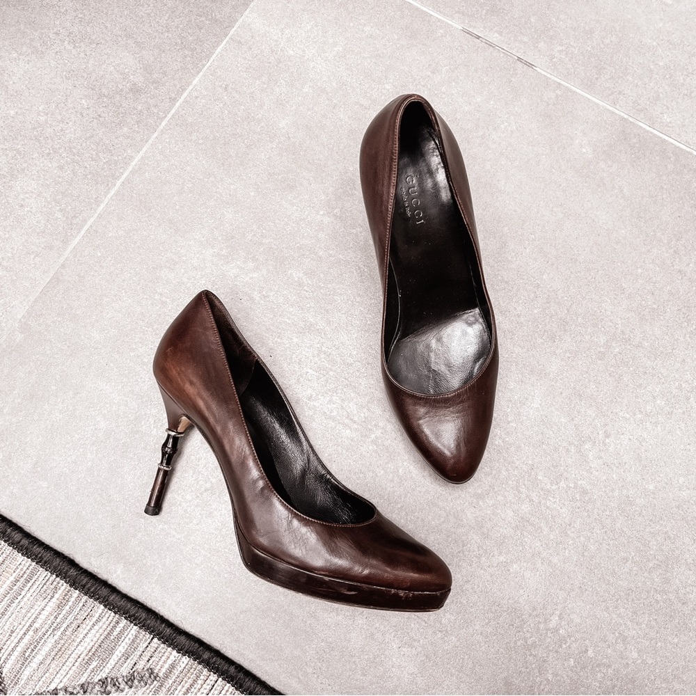 Gucci platform chocolate stilettos with signature bamboo shaped heels size 36.5